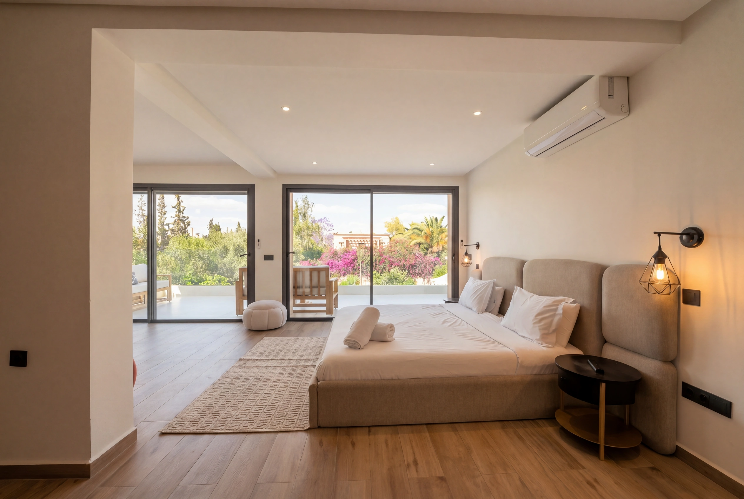 Villa Adam — Master bedroom suite with garden views and warm wood floor